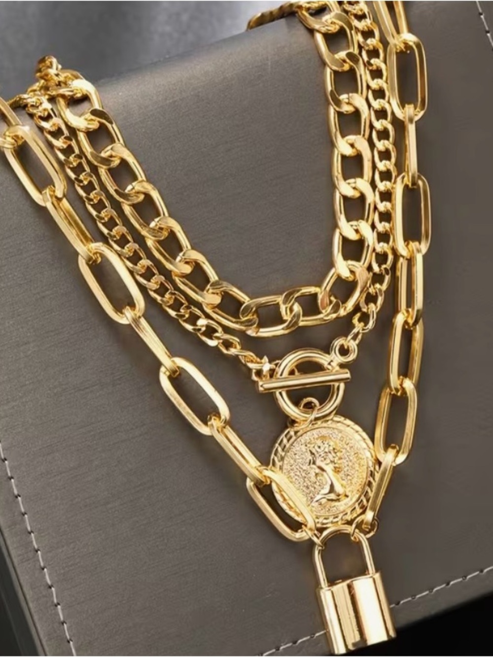 💕 Layered Gold-Tone Coin & Padlock Necklace - Women Jewelry 💕
